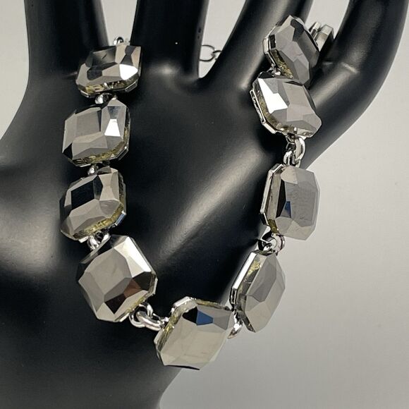 Silver Tone Smoke Dark Gray Glass Rhinestone Chain Tennis Bracelet Bling Boho - Picture 4 of 7